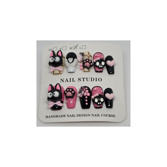 Other - Handmade 3D Black Cat Press On Nails Pink Kawaii Goth Paw Skull Size M